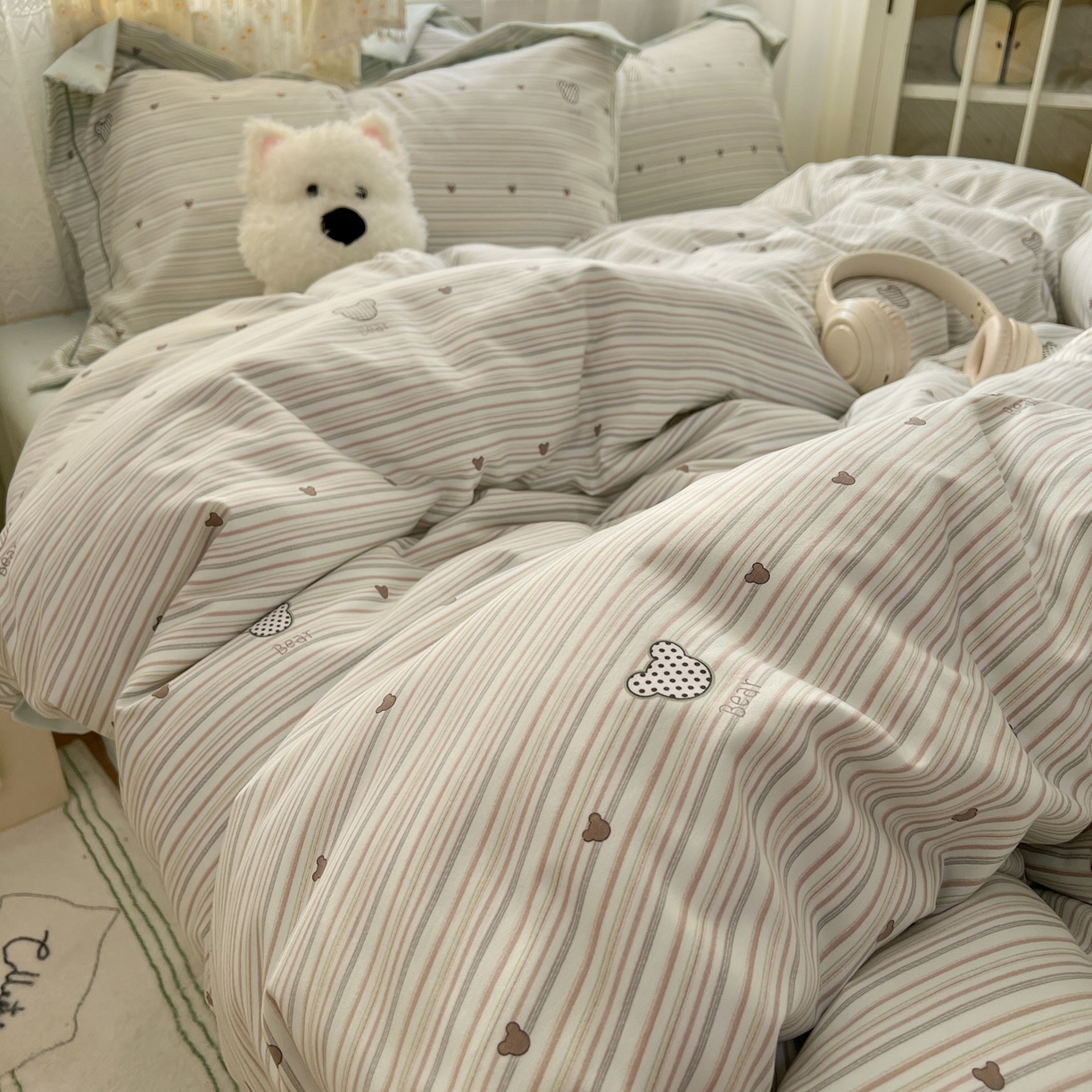 91家纺网 家纺一手货源 找家纺 亨通家纺 2025新款爆款韩国小布袋古法水洗棉云感棉四件套【提供买家秀】 甜心熊-绿