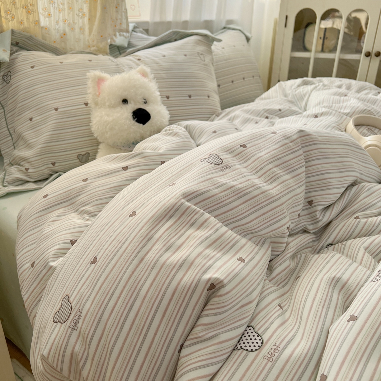 91家纺网 家纺一手货源 找家纺 亨通家纺 2025新款爆款韩国小布袋古法水洗棉云感棉四件套【提供买家秀】 甜心熊-绿