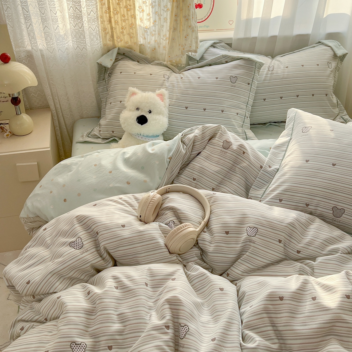 91家纺网 家纺一手货源 找家纺 亨通家纺 2025新款爆款韩国小布袋古法水洗棉云感棉四件套【提供买家秀】 甜心熊-绿