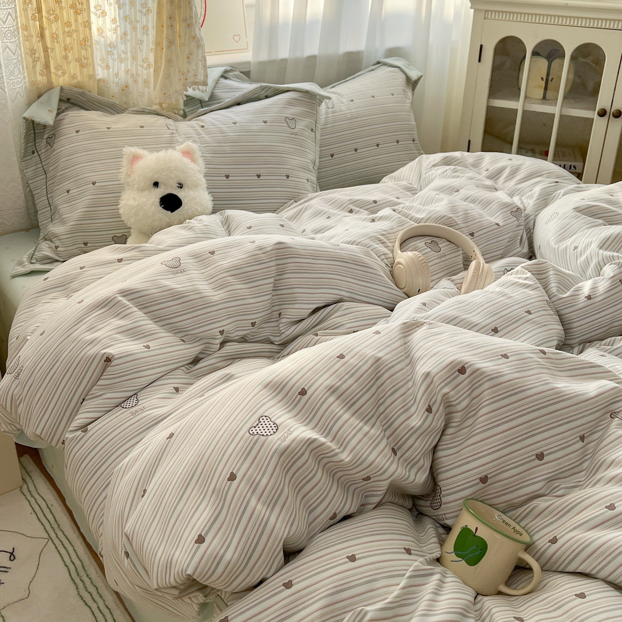 91家纺网 家纺一手货源 找家纺 亨通家纺 2025新款爆款韩国小布袋古法水洗棉云感棉四件套【提供买家秀】 甜心熊-绿