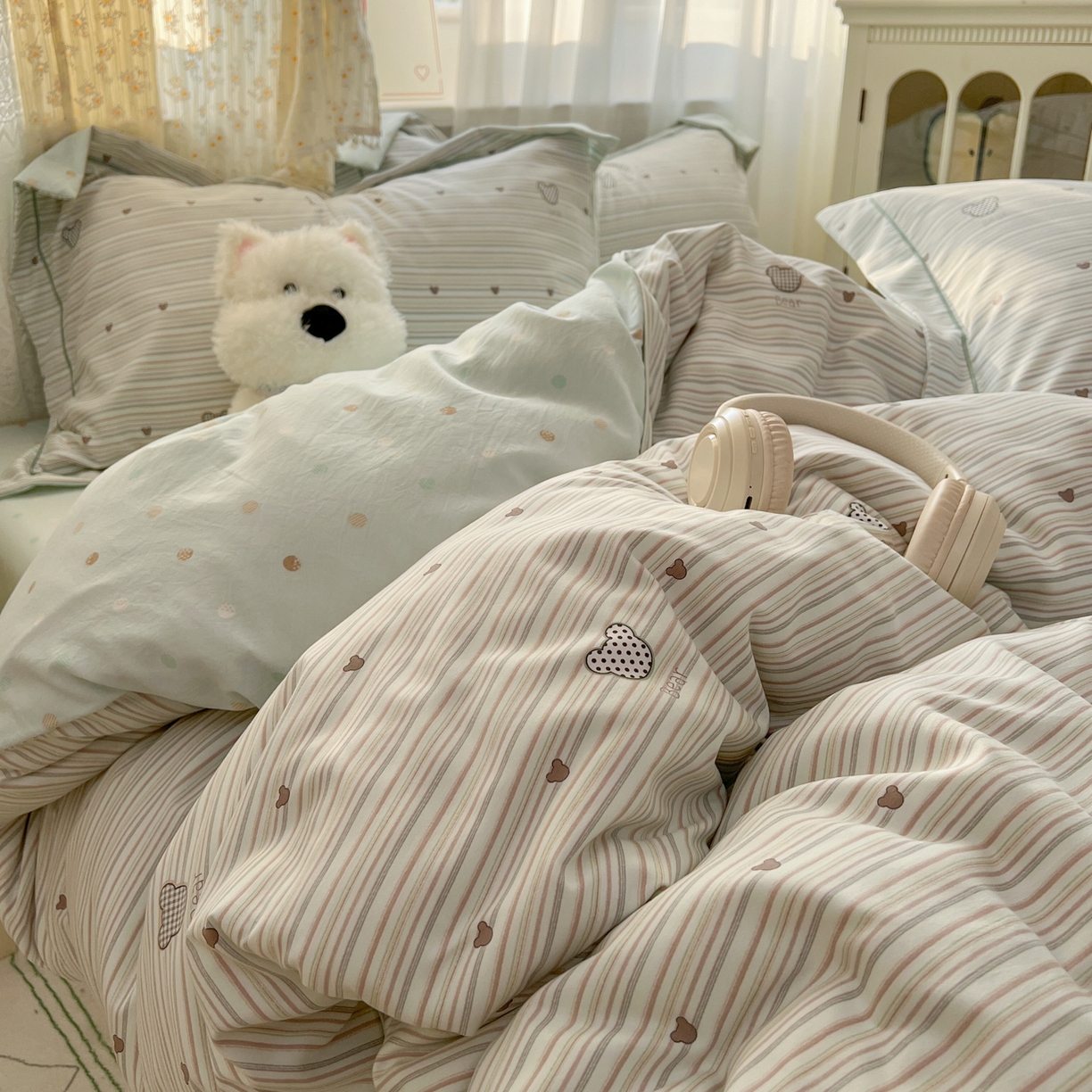 91家纺网 家纺一手货源 找家纺 亨通家纺 2025新款爆款韩国小布袋古法水洗棉云感棉四件套【提供买家秀】 甜心熊-绿