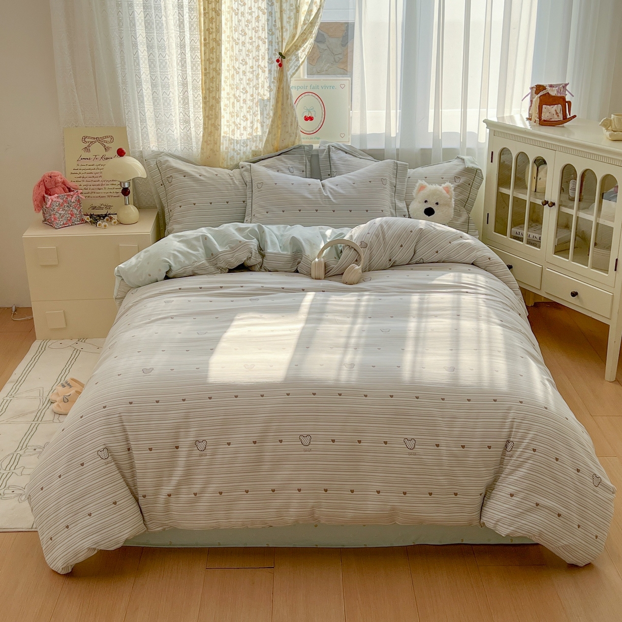 91家纺网 家纺一手货源 找家纺 亨通家纺 2025新款爆款韩国小布袋古法水洗棉云感棉四件套【提供买家秀】 甜心熊-绿