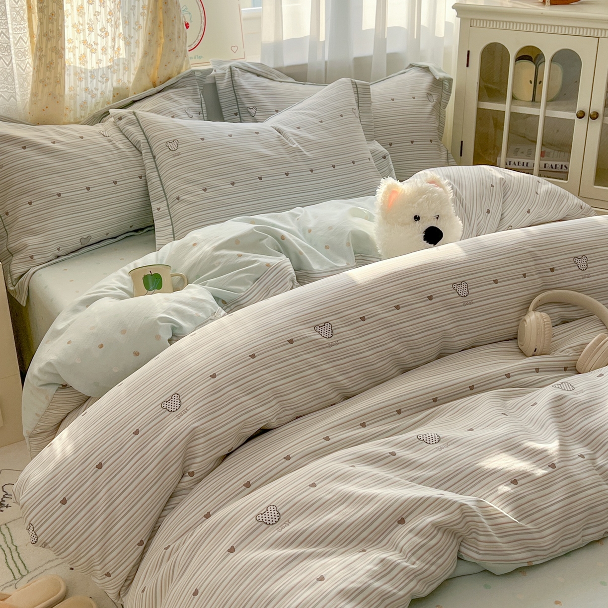 91家纺网 家纺一手货源 找家纺 亨通家纺 2025新款爆款韩国小布袋古法水洗棉云感棉四件套【提供买家秀】 甜心熊-绿