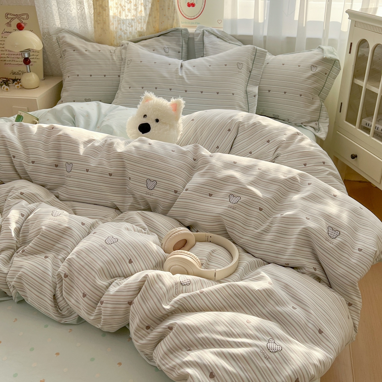 91家纺网 家纺一手货源 找家纺 亨通家纺 2025新款爆款韩国小布袋古法水洗棉云感棉四件套【提供买家秀】 甜心熊-绿