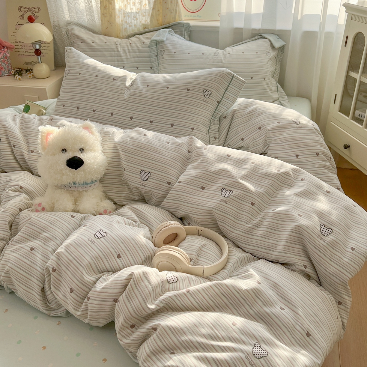 91家纺网 家纺一手货源 找家纺 亨通家纺 2025新款爆款韩国小布袋古法水洗棉云感棉四件套【提供买家秀】 甜心熊-绿