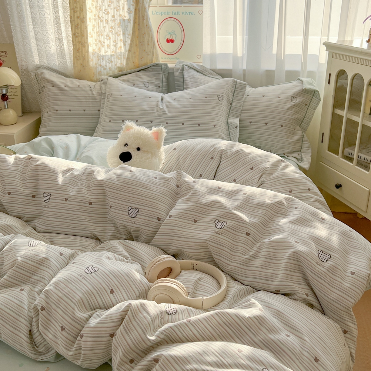 91家纺网 家纺一手货源 找家纺 亨通家纺 2025新款爆款韩国小布袋古法水洗棉云感棉四件套【提供买家秀】 甜心熊-绿