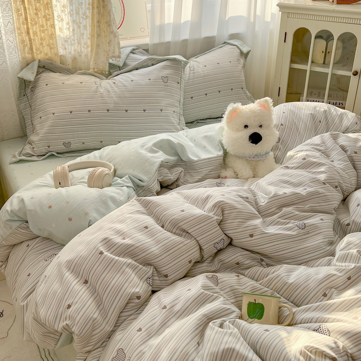 91家纺网 家纺一手货源 找家纺 亨通家纺 2025新款爆款韩国小布袋古法水洗棉云感棉四件套【提供买家秀】 甜心熊-绿