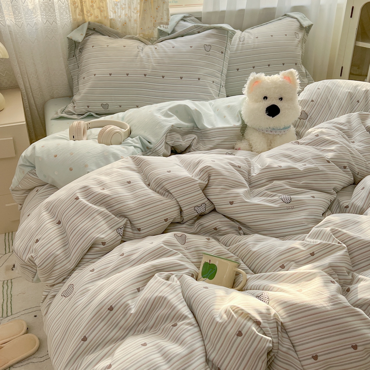 91家纺网 家纺一手货源 找家纺 亨通家纺 2025新款爆款韩国小布袋古法水洗棉云感棉四件套【提供买家秀】 甜心熊-绿