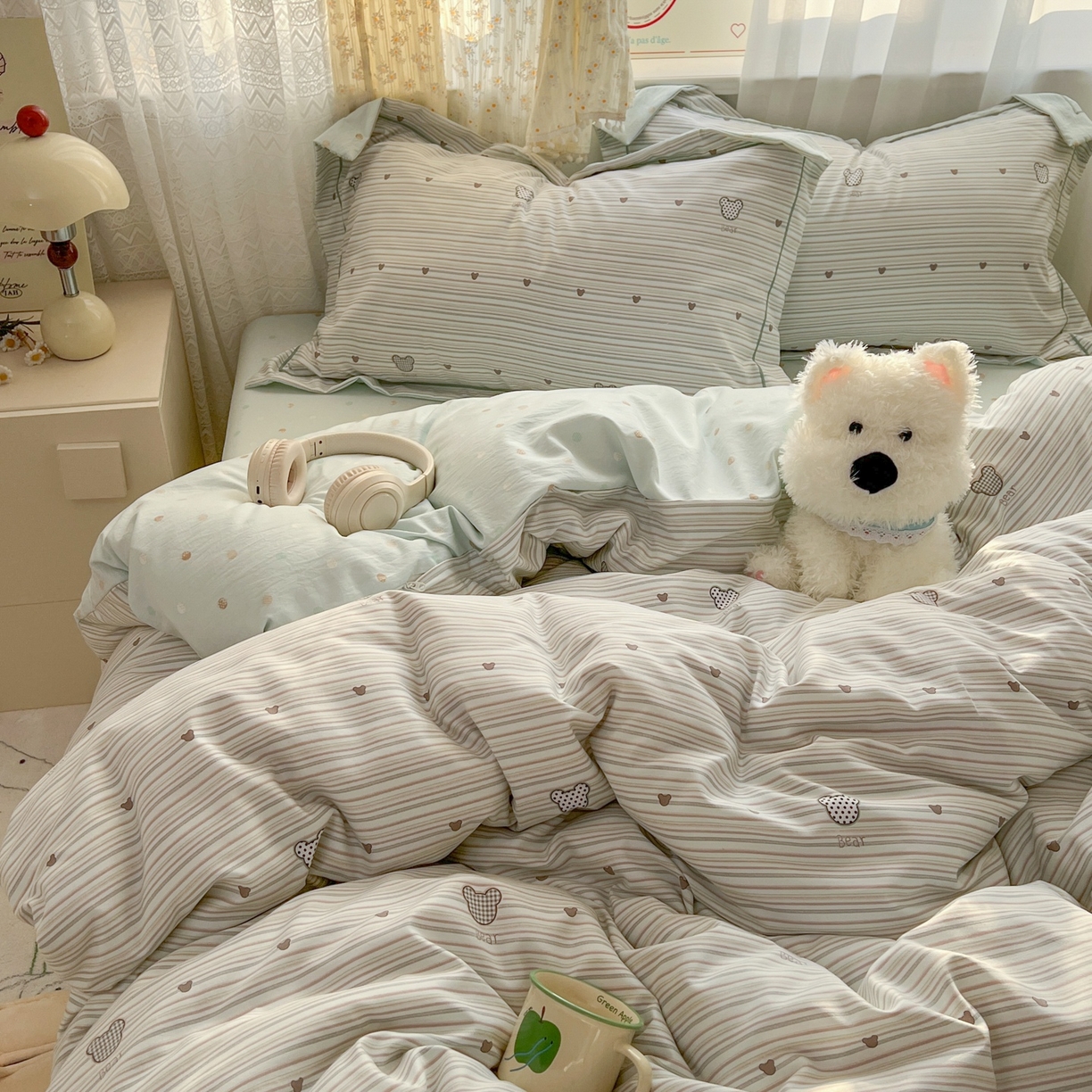 91家纺网 家纺一手货源 找家纺 亨通家纺 2025新款爆款韩国小布袋古法水洗棉云感棉四件套【提供买家秀】 甜心熊-绿