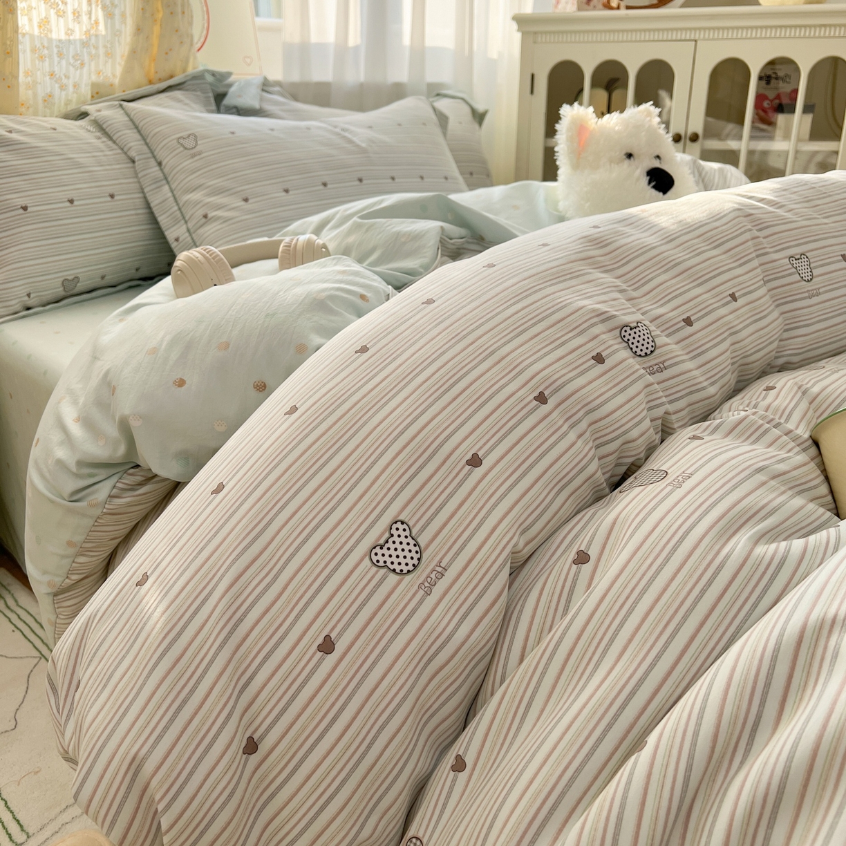 91家纺网 家纺一手货源 找家纺 亨通家纺 2025新款爆款韩国小布袋古法水洗棉云感棉四件套【提供买家秀】 甜心熊-绿