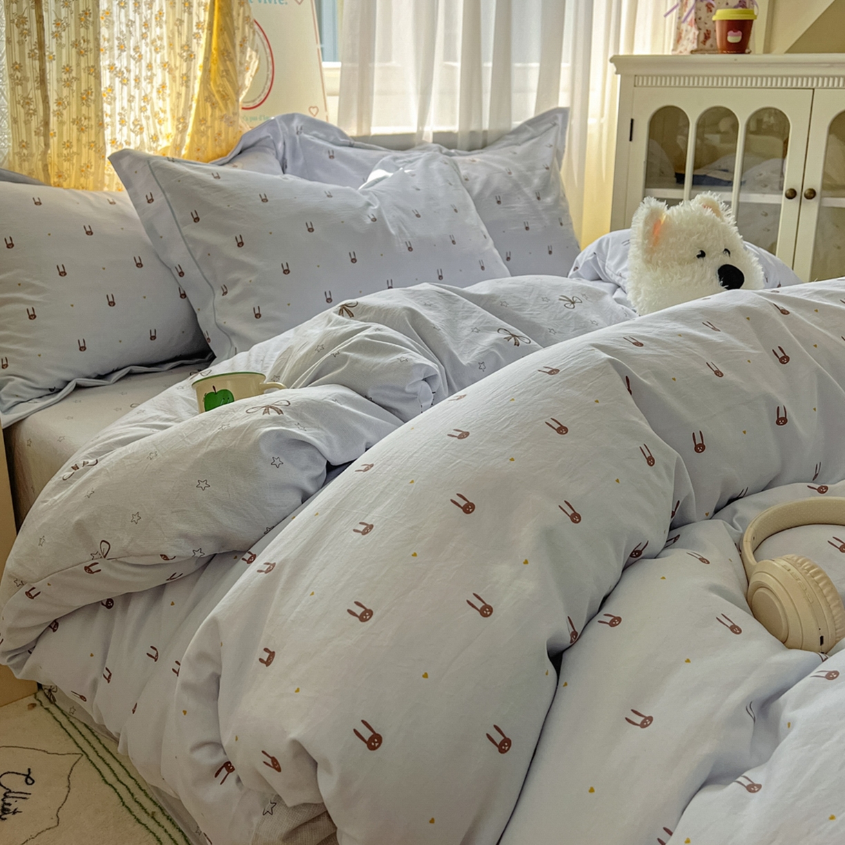 91家纺网 家纺一手货源 找家纺 亨通家纺 2025新款爆款韩国小布袋古法水洗棉云感棉四件套【提供买家秀】 兔小妹-灰