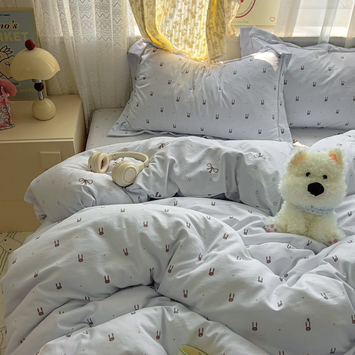 91家纺网 家纺一手货源 找家纺 亨通家纺 2025新款爆款韩国小布袋古法水洗棉云感棉四件套【提供买家秀】 兔小妹-灰