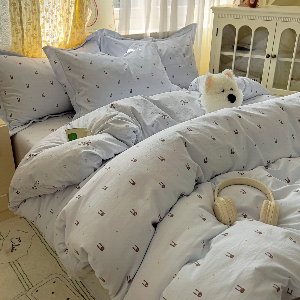 91家纺网 家纺一手货源 找家纺 亨通家纺 2025新款爆款韩国小布袋古法水洗棉云感棉四件套【提供买家秀】 兔小妹-灰