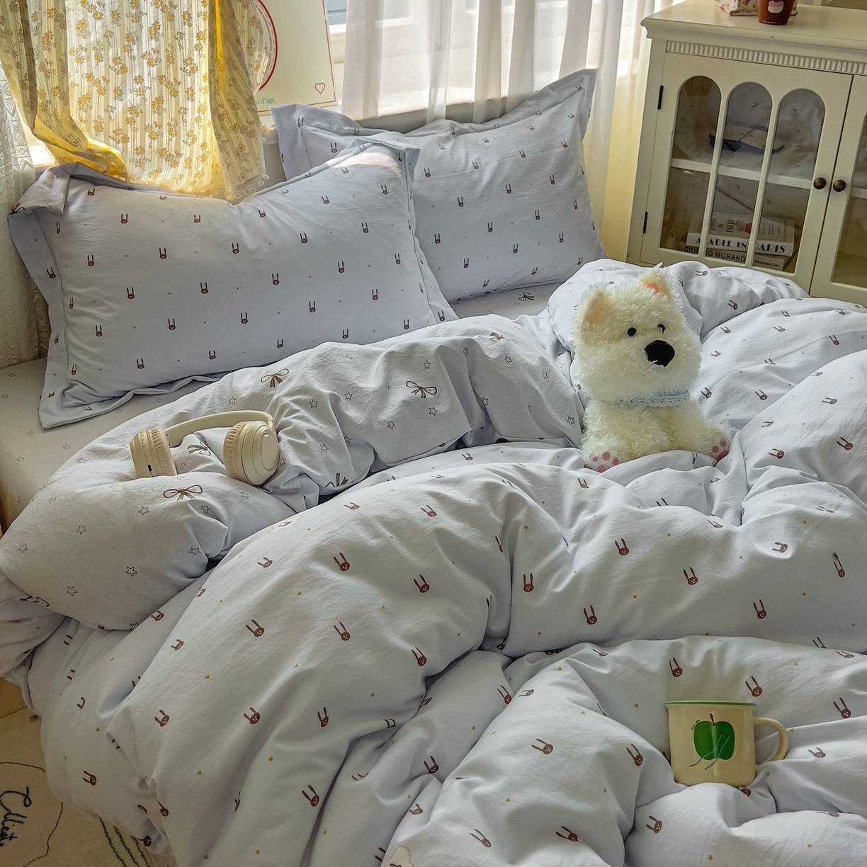 91家纺网 家纺一手货源 找家纺 亨通家纺 2025新款爆款韩国小布袋古法水洗棉云感棉四件套【提供买家秀】 兔小妹-灰