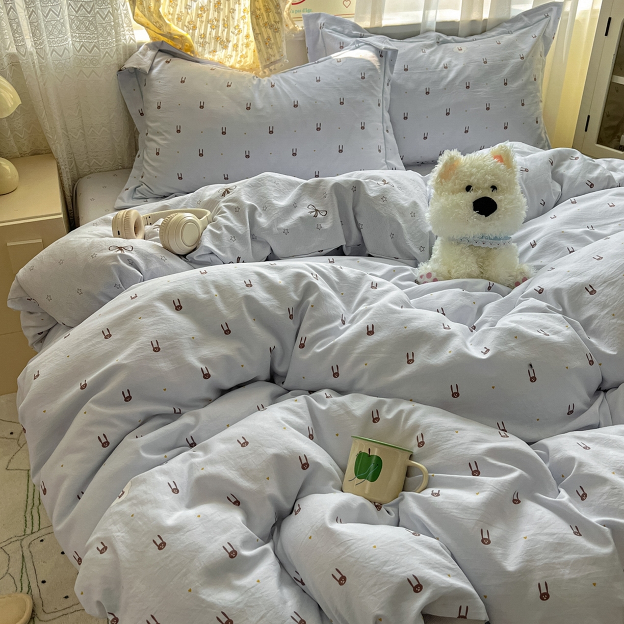 91家纺网 家纺一手货源 找家纺 亨通家纺 2025新款爆款韩国小布袋古法水洗棉云感棉四件套【提供买家秀】 兔小妹-灰