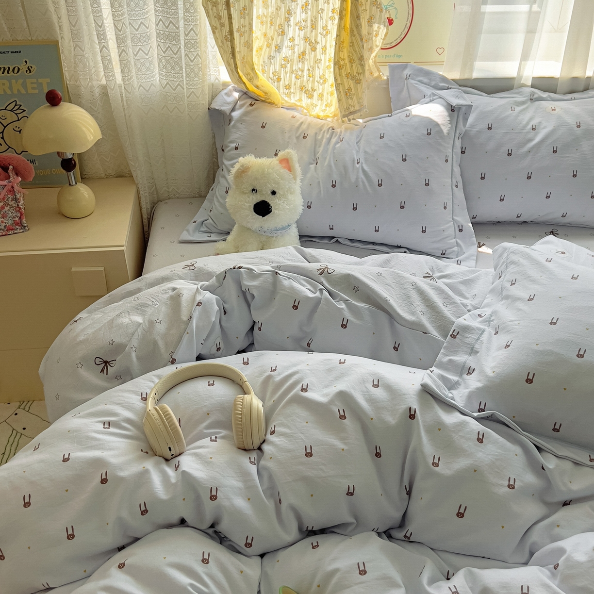 91家纺网 家纺一手货源 找家纺 亨通家纺 2025新款爆款韩国小布袋古法水洗棉云感棉四件套【提供买家秀】 兔小妹-灰