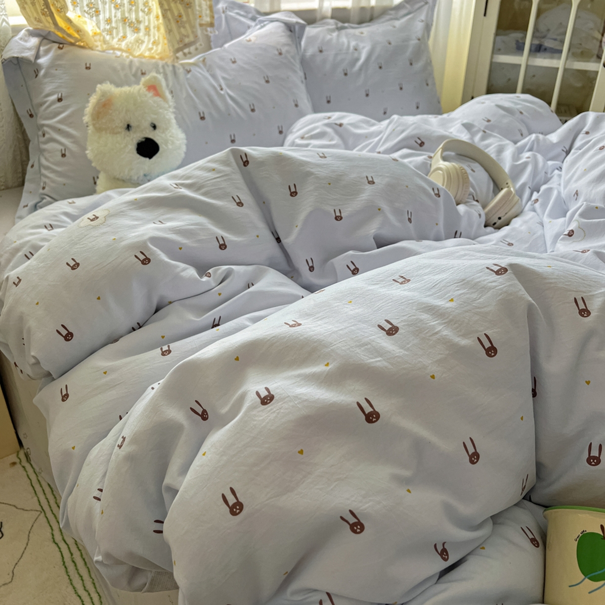 91家纺网 家纺一手货源 找家纺 亨通家纺 2025新款爆款韩国小布袋古法水洗棉云感棉四件套【提供买家秀】 兔小妹-灰