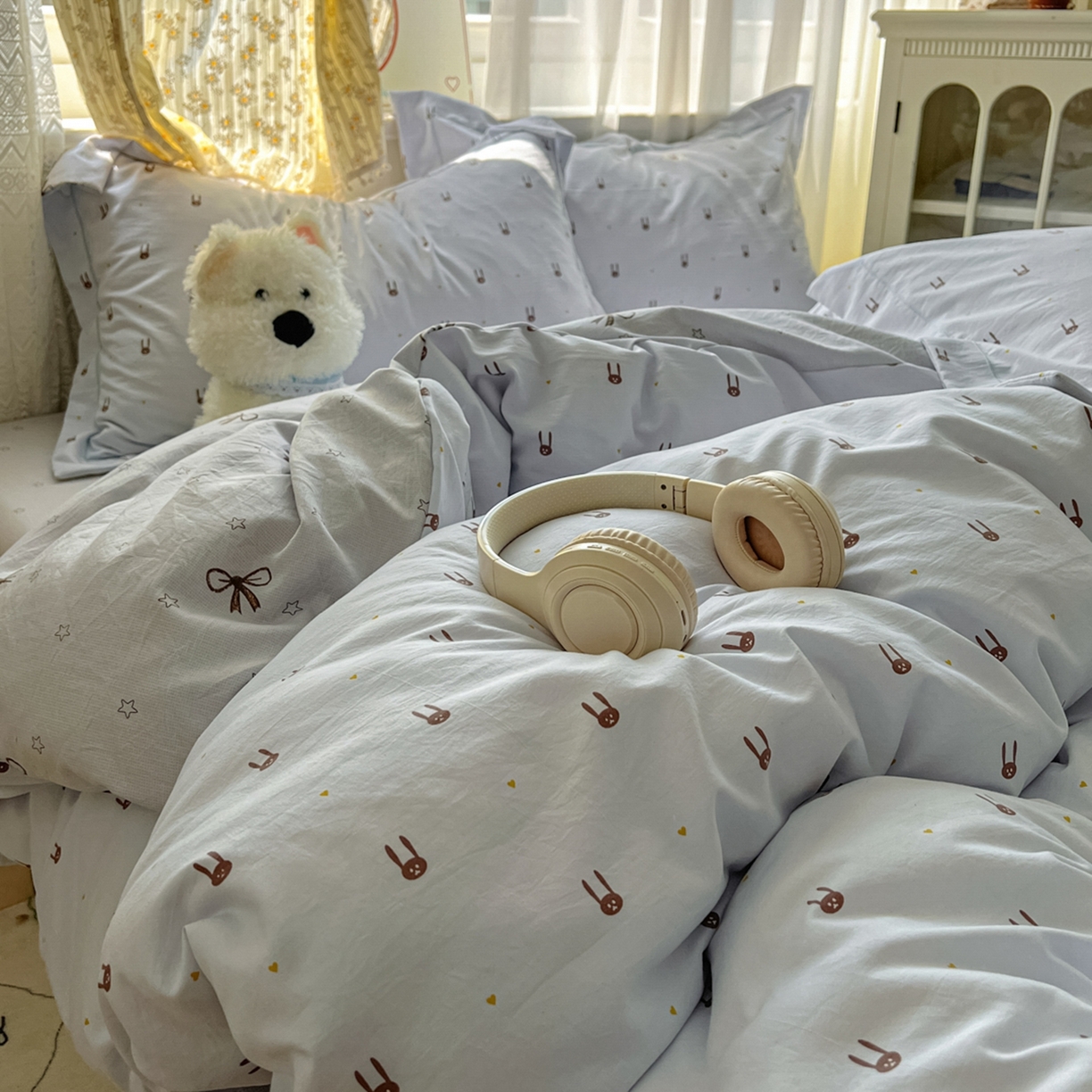 91家纺网 家纺一手货源 找家纺 亨通家纺 2025新款爆款韩国小布袋古法水洗棉云感棉四件套【提供买家秀】 兔小妹-灰