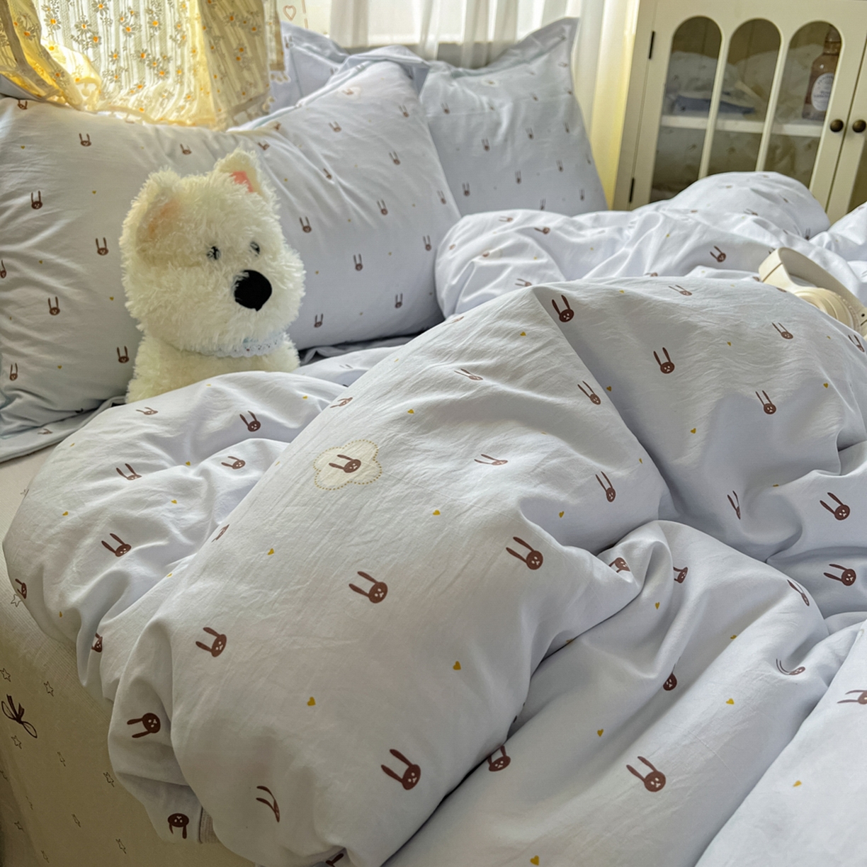 91家纺网 家纺一手货源 找家纺 亨通家纺 2025新款爆款韩国小布袋古法水洗棉云感棉四件套【提供买家秀】 兔小妹-灰