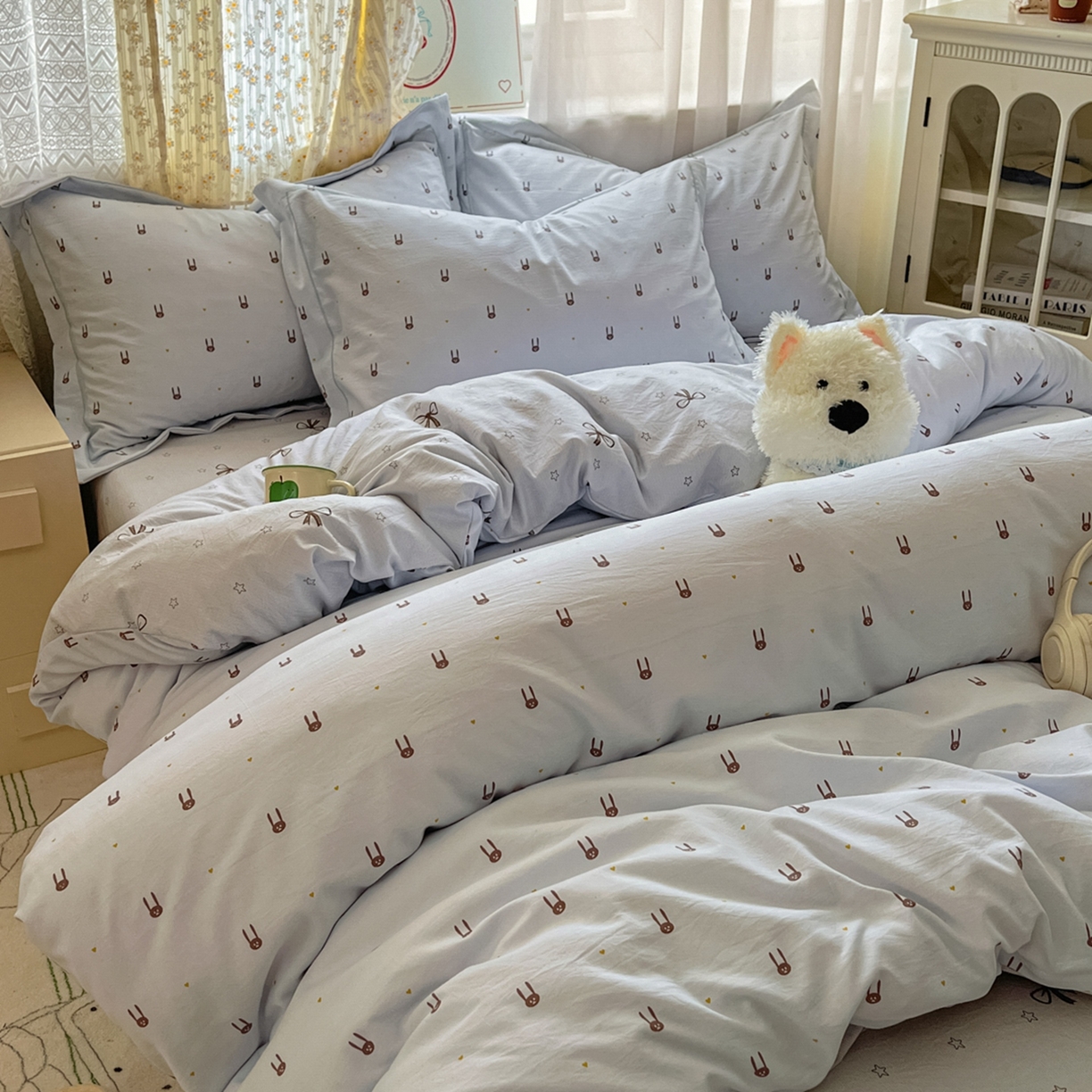 91家纺网 家纺一手货源 找家纺 亨通家纺 2025新款爆款韩国小布袋古法水洗棉云感棉四件套【提供买家秀】 兔小妹-灰