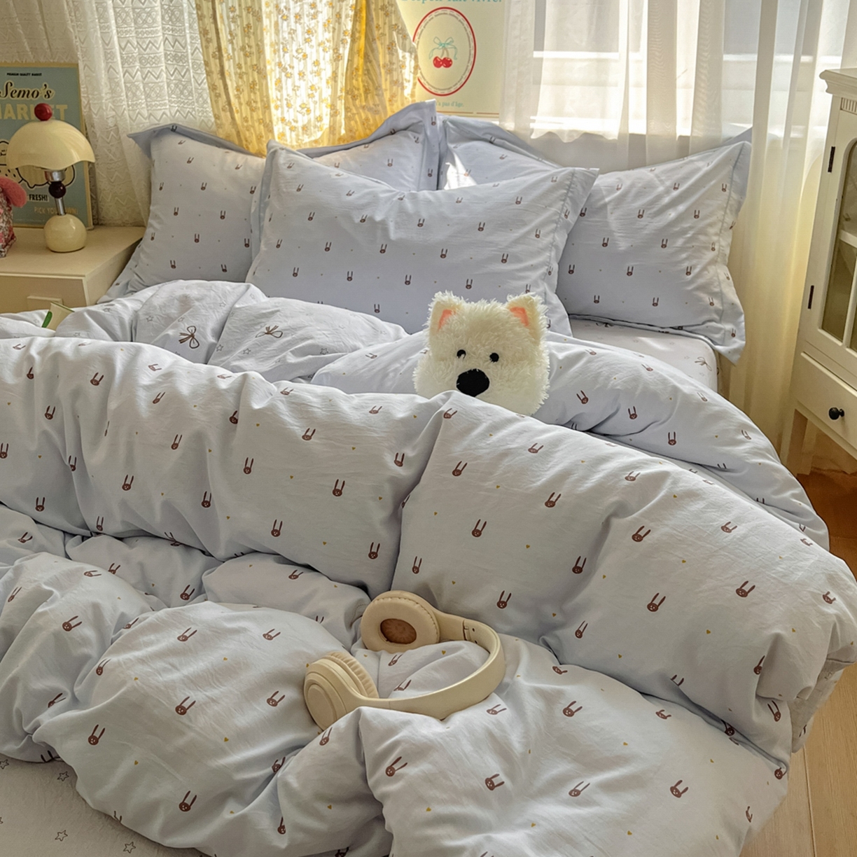 91家纺网 家纺一手货源 找家纺 亨通家纺 2025新款爆款韩国小布袋古法水洗棉云感棉四件套【提供买家秀】 兔小妹-灰