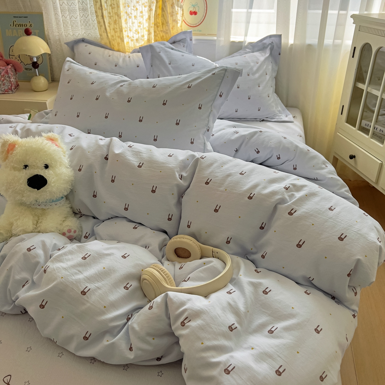 91家纺网 家纺一手货源 找家纺 亨通家纺 2025新款爆款韩国小布袋古法水洗棉云感棉四件套【提供买家秀】 兔小妹-灰