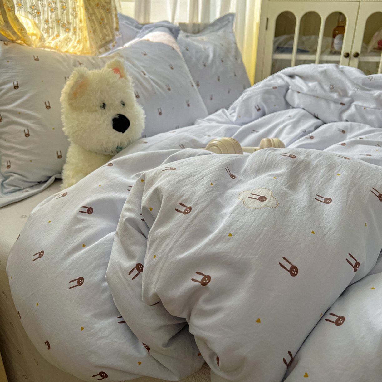 91家纺网 家纺一手货源 找家纺 亨通家纺 2025新款爆款韩国小布袋古法水洗棉云感棉四件套【提供买家秀】 兔小妹-灰