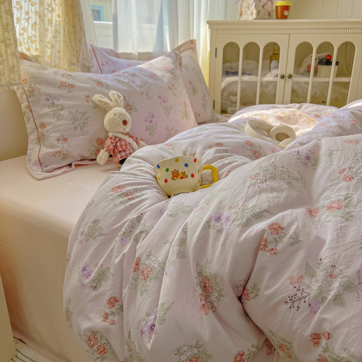 91家纺网 家纺一手货源 找家纺 亨通家纺 2025新款爆款韩国小布袋古法水洗棉云感棉四件套【提供买家秀】 温温晨语-粉