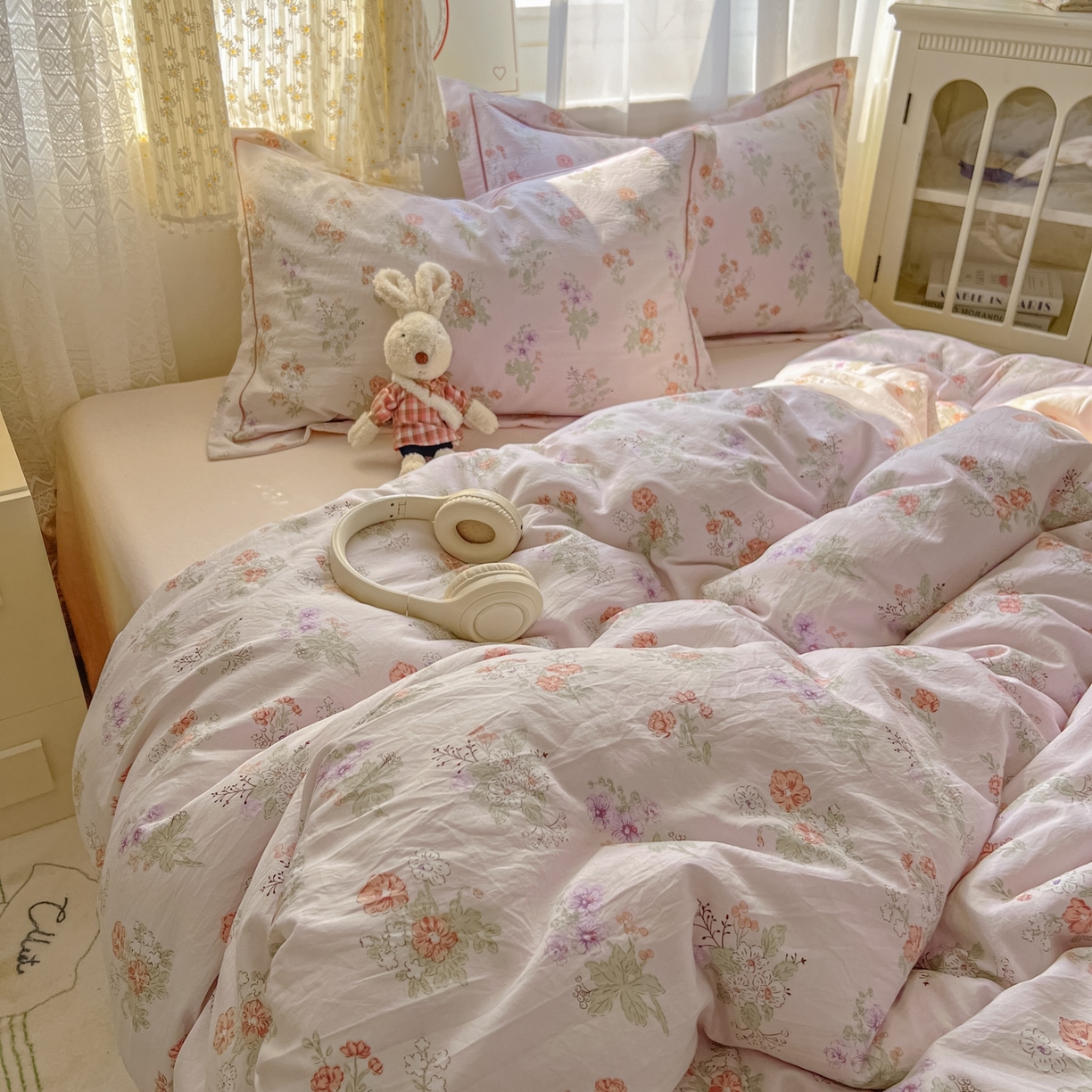 91家纺网 家纺一手货源 找家纺 亨通家纺 2025新款爆款韩国小布袋古法水洗棉云感棉四件套【提供买家秀】 温温晨语-粉