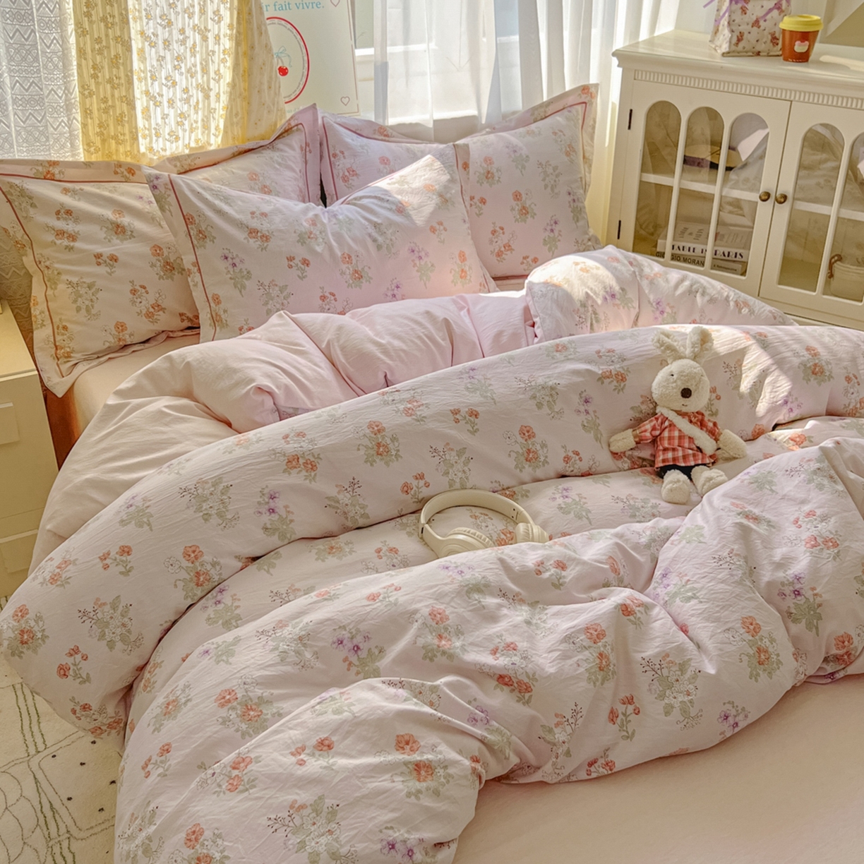 91家纺网 家纺一手货源 找家纺 亨通家纺 2025新款爆款韩国小布袋古法水洗棉云感棉四件套【提供买家秀】 温温晨语-粉