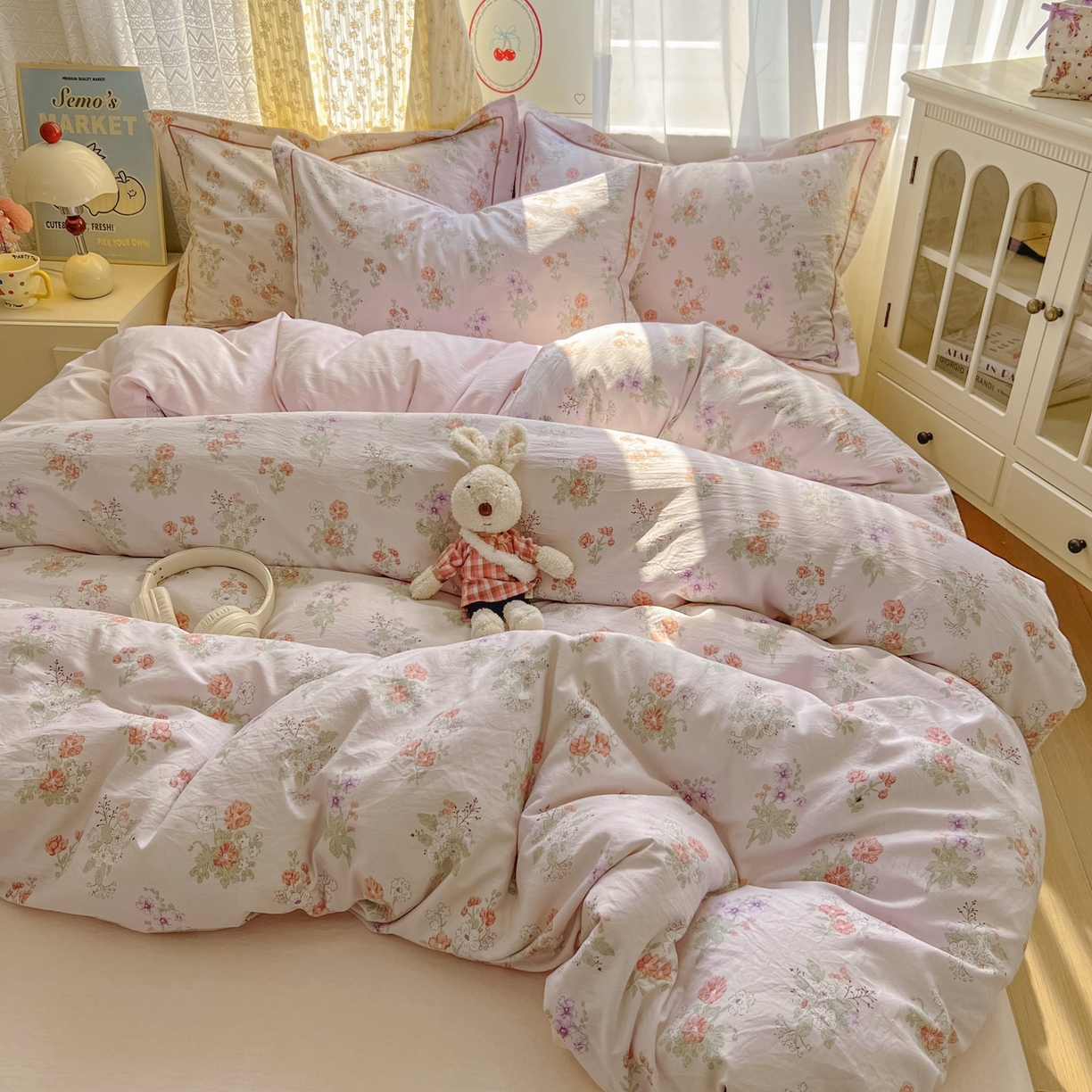 91家纺网 家纺一手货源 找家纺 亨通家纺 2025新款爆款韩国小布袋古法水洗棉云感棉四件套【提供买家秀】 温温晨语-粉