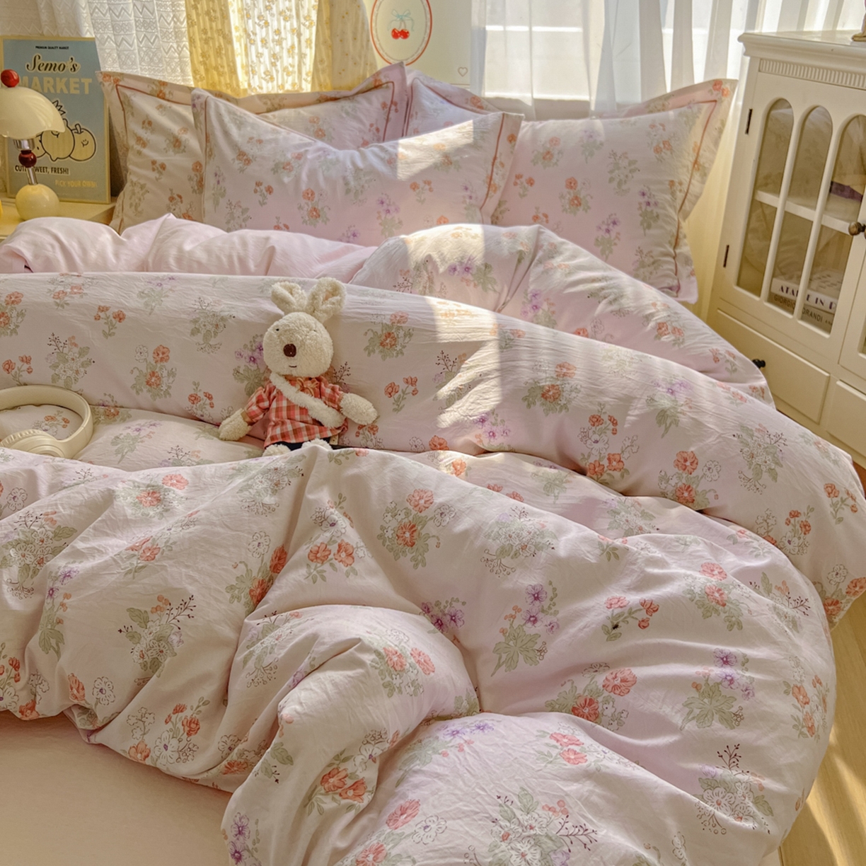 91家纺网 家纺一手货源 找家纺 亨通家纺 2025新款爆款韩国小布袋古法水洗棉云感棉四件套【提供买家秀】 温温晨语-粉