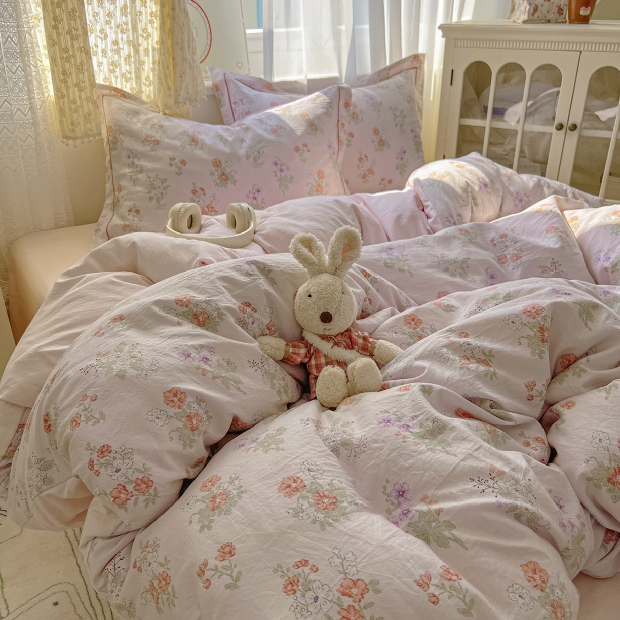 91家纺网 家纺一手货源 找家纺 亨通家纺 2025新款爆款韩国小布袋古法水洗棉云感棉四件套【提供买家秀】 温温晨语-粉