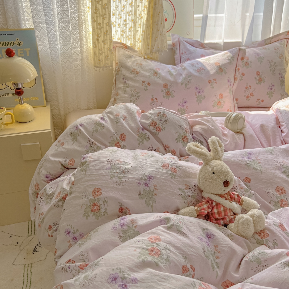 91家纺网 家纺一手货源 找家纺 亨通家纺 2025新款爆款韩国小布袋古法水洗棉云感棉四件套【提供买家秀】 温温晨语-粉