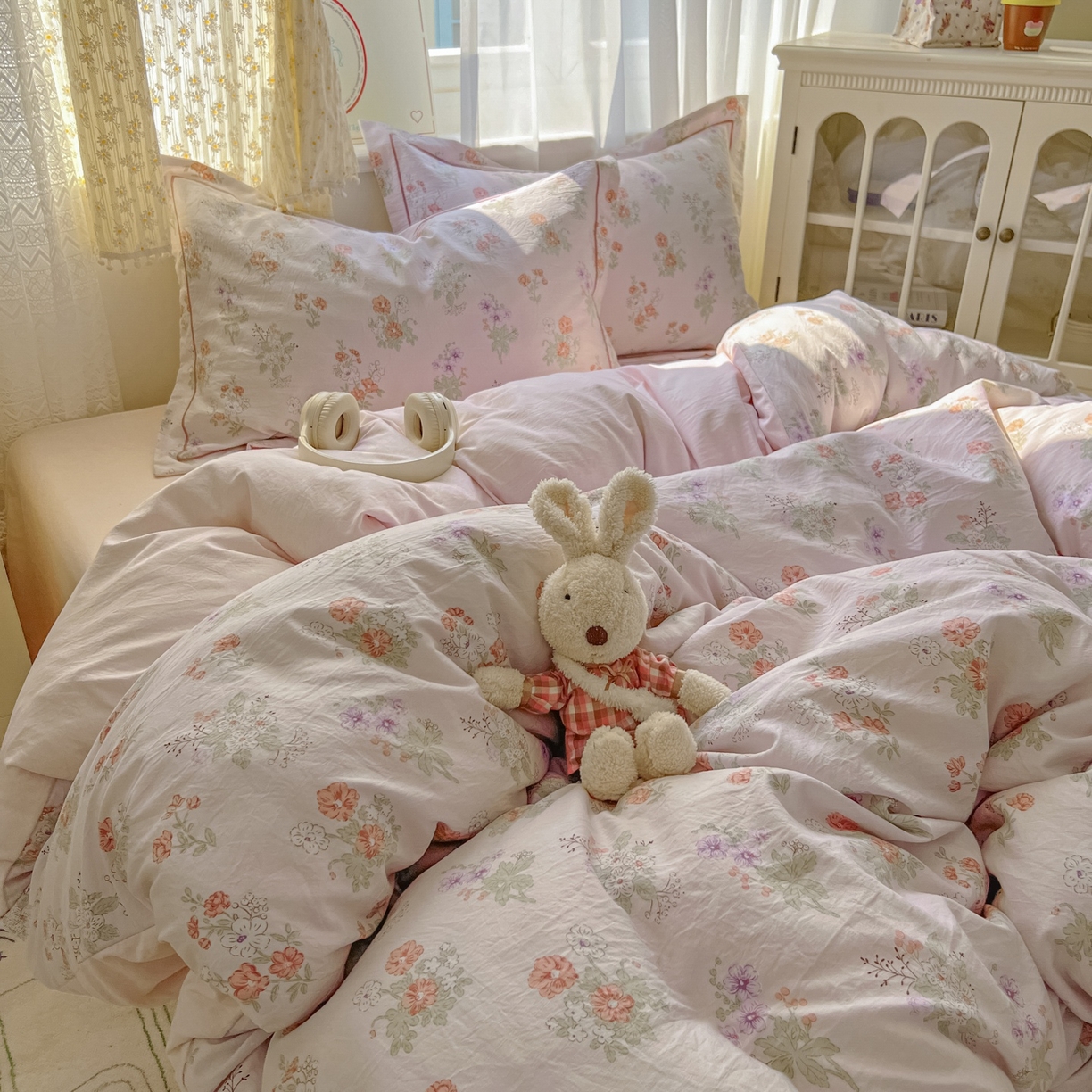 91家纺网 家纺一手货源 找家纺 亨通家纺 2025新款爆款韩国小布袋古法水洗棉云感棉四件套【提供买家秀】 温温晨语-粉