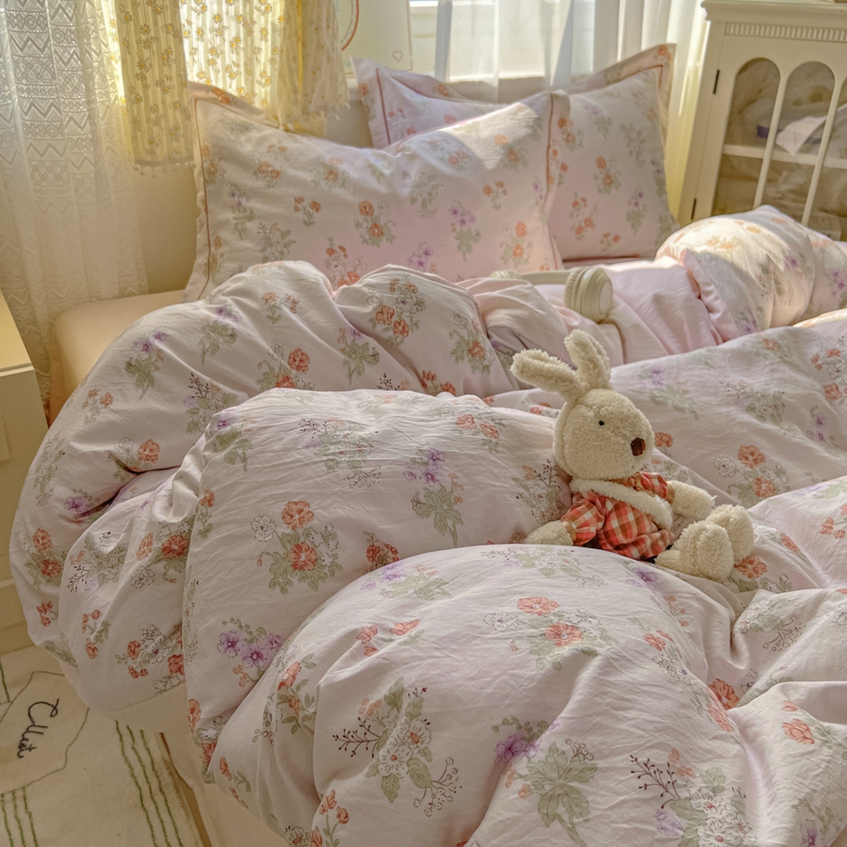 91家纺网 家纺一手货源 找家纺 亨通家纺 2025新款爆款韩国小布袋古法水洗棉云感棉四件套【提供买家秀】 温温晨语-粉