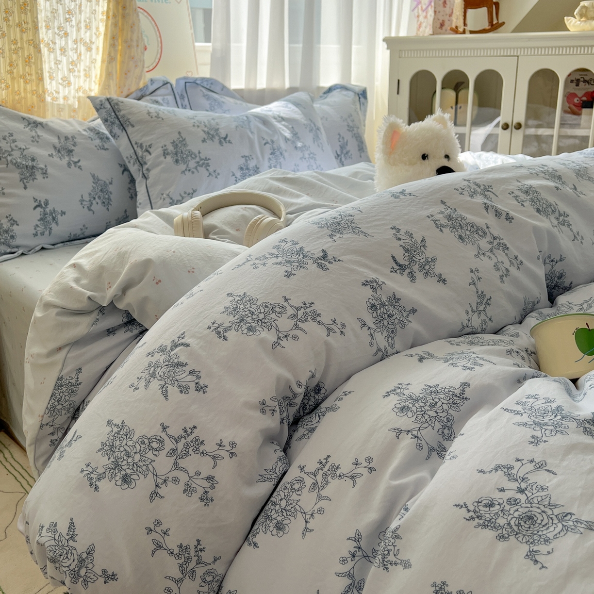 亨通家纺 2025新款爆款韩国小布袋古法水洗棉云感棉四件套【提供买家秀】 香缇卡-蓝