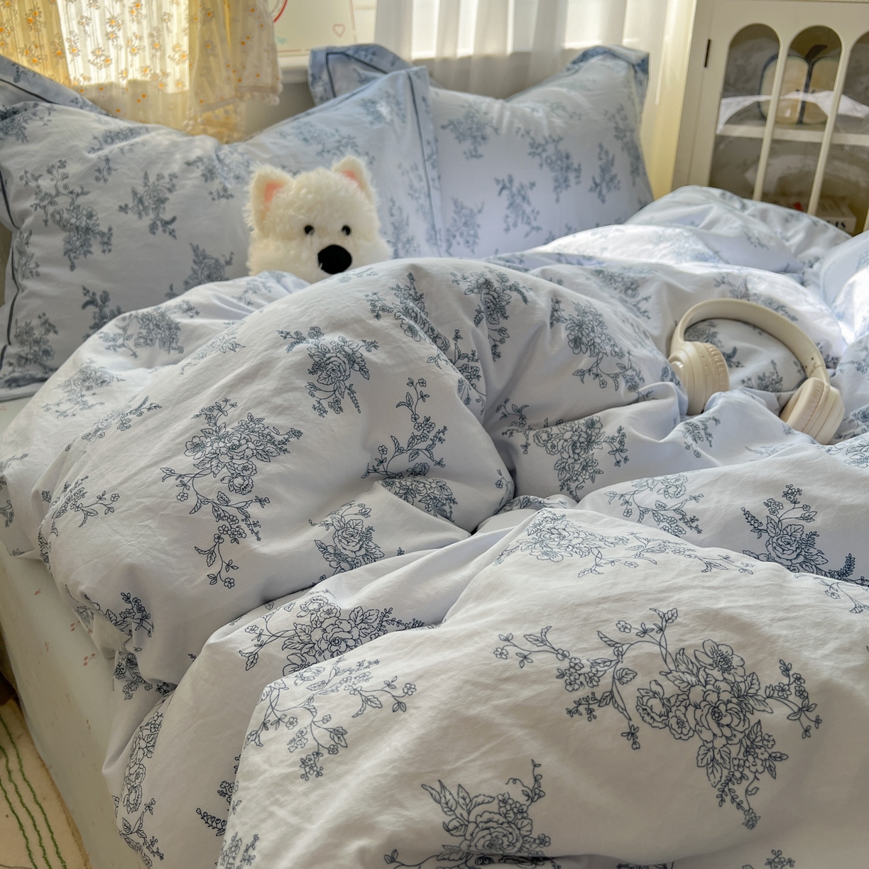 91家纺网 家纺一手货源 找家纺 亨通家纺 2025新款爆款韩国小布袋古法水洗棉云感棉四件套【提供买家秀】 香缇卡-蓝