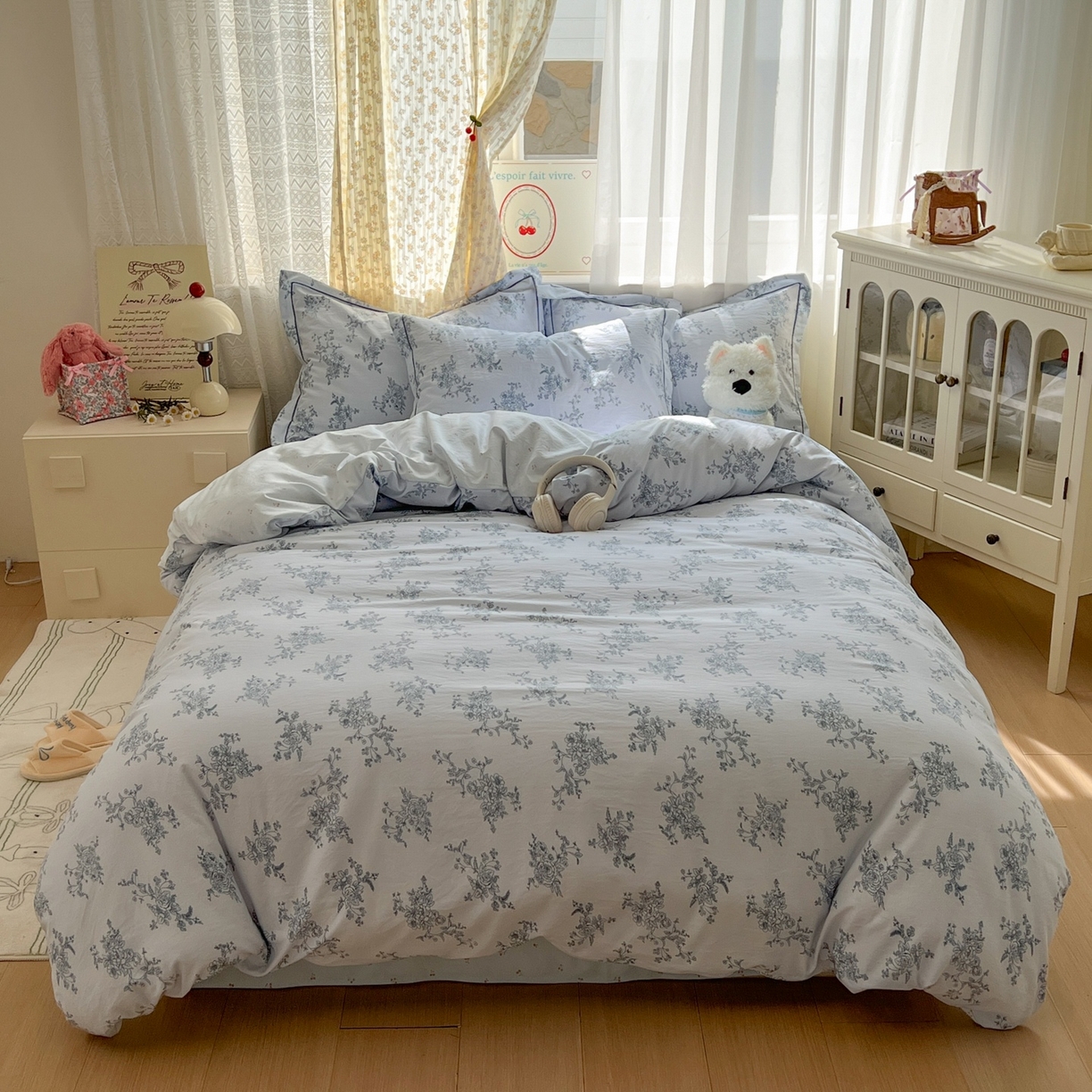 91家纺网 家纺一手货源 找家纺 亨通家纺 2025新款爆款韩国小布袋古法水洗棉云感棉四件套【提供买家秀】 香缇卡-蓝