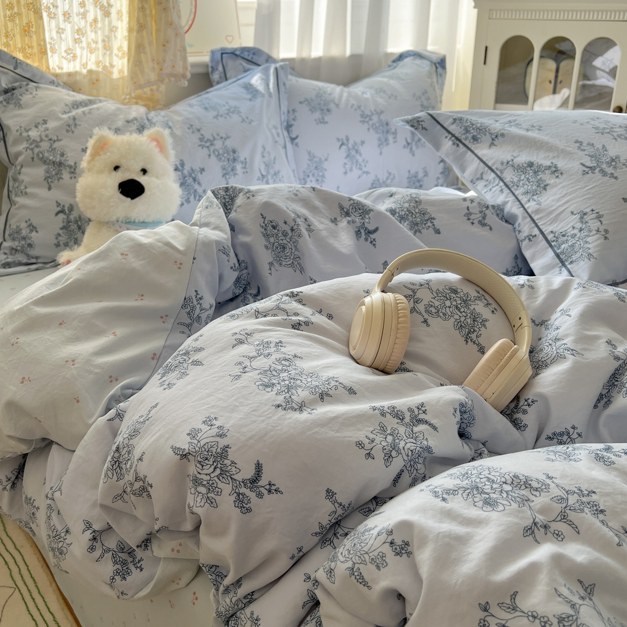 91家纺网 家纺一手货源 找家纺 亨通家纺 2025新款爆款韩国小布袋古法水洗棉云感棉四件套【提供买家秀】 香缇卡-蓝