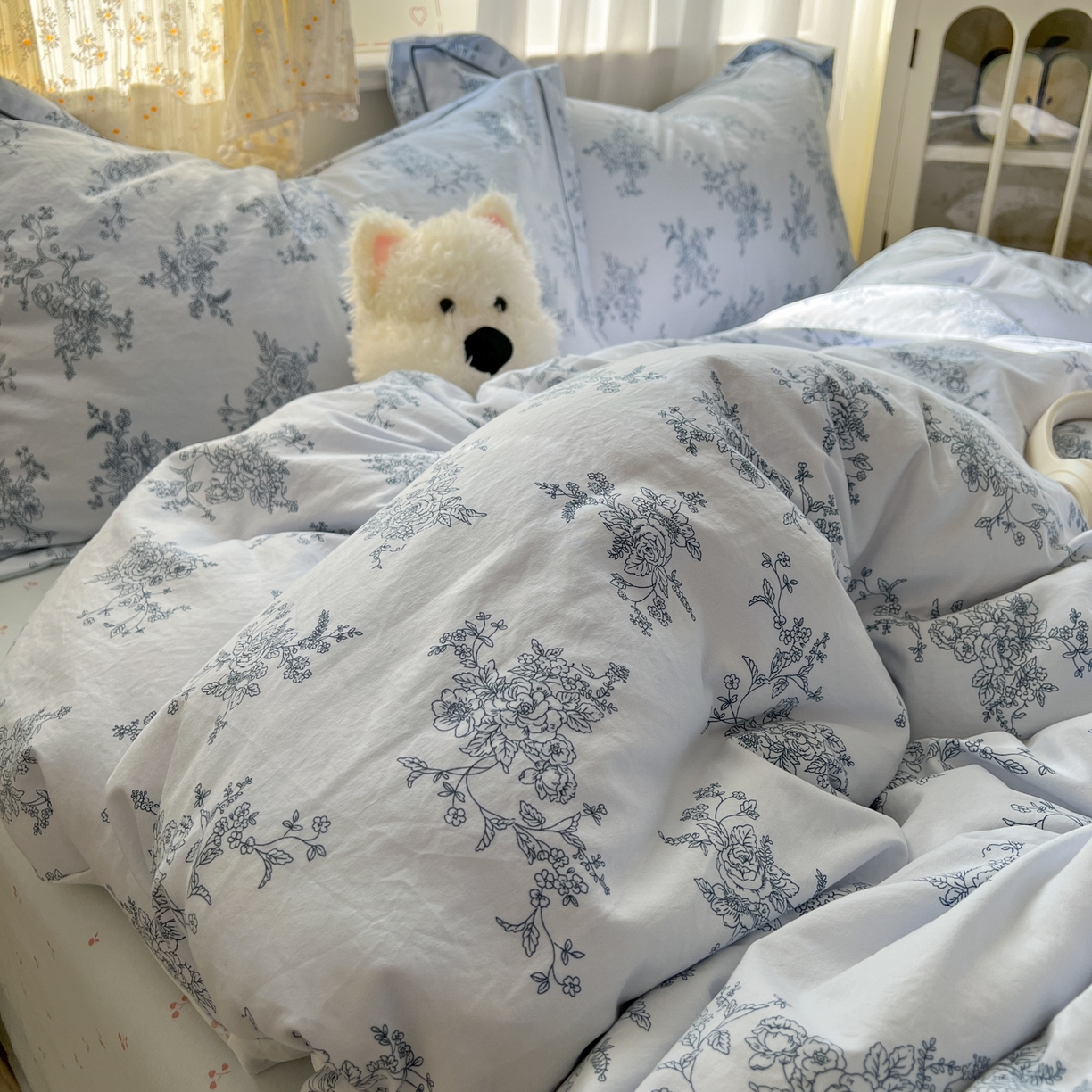 91家纺网 家纺一手货源 找家纺 亨通家纺 2025新款爆款韩国小布袋古法水洗棉云感棉四件套【提供买家秀】 香缇卡-蓝