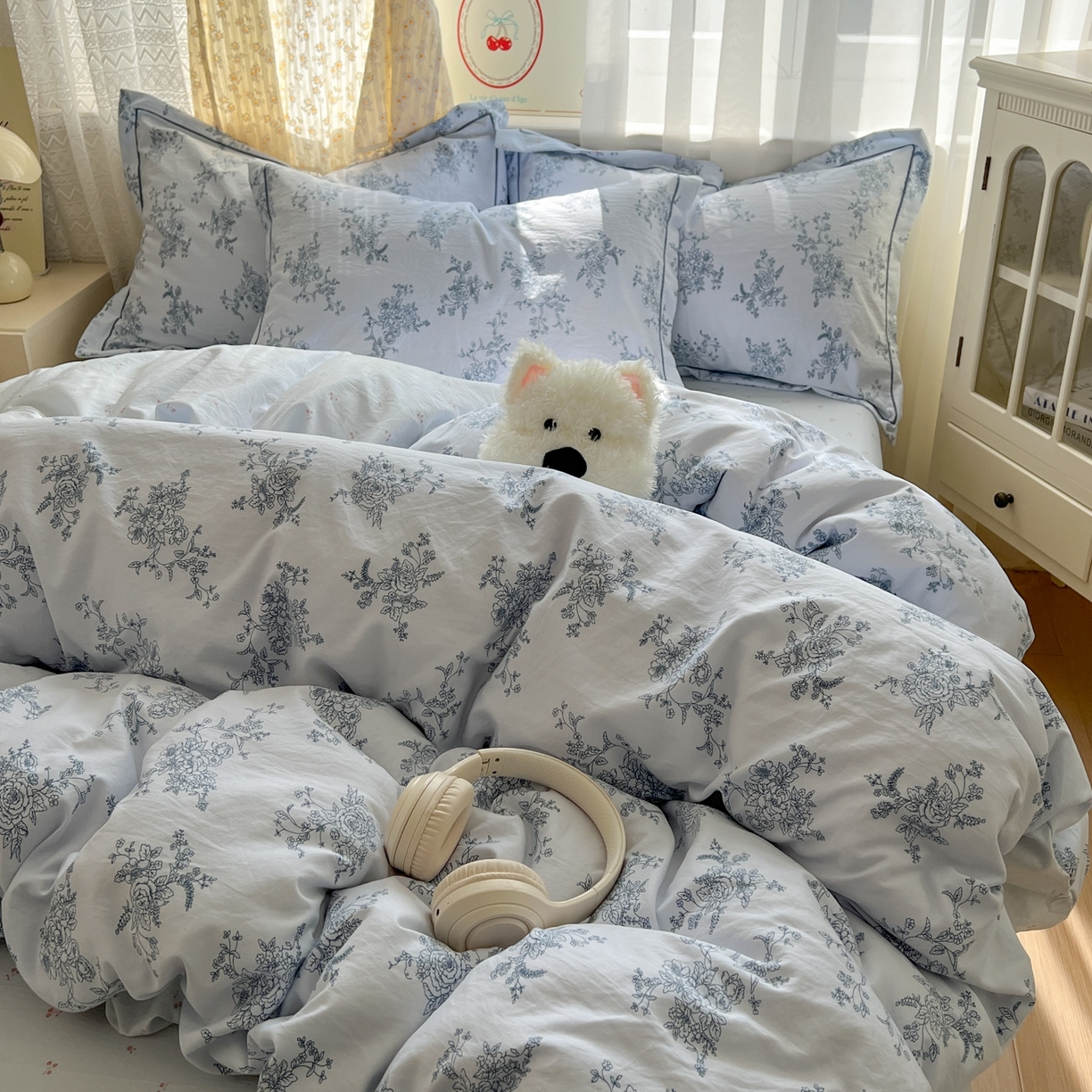 91家纺网 家纺一手货源 找家纺 亨通家纺 2025新款爆款韩国小布袋古法水洗棉云感棉四件套【提供买家秀】 香缇卡-蓝