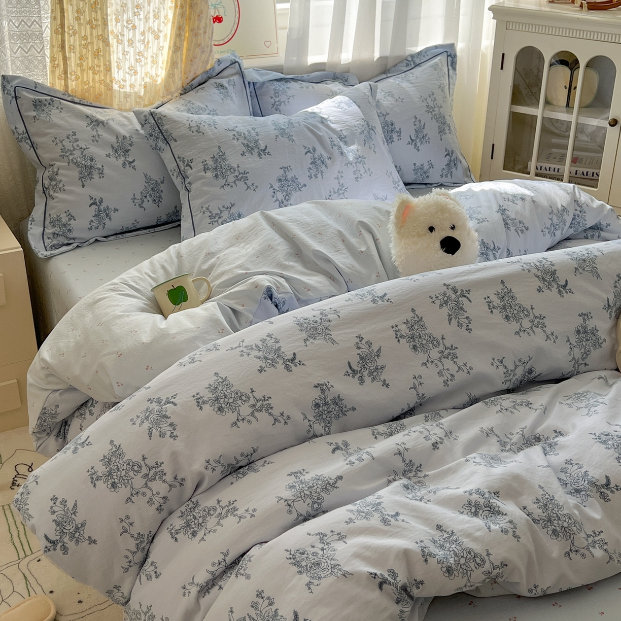 91家纺网 家纺一手货源 找家纺 亨通家纺 2025新款爆款韩国小布袋古法水洗棉云感棉四件套【提供买家秀】 香缇卡-蓝