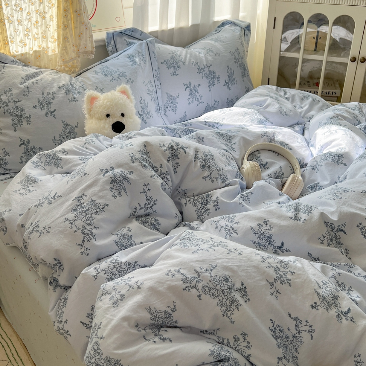 91家纺网 家纺一手货源 找家纺 亨通家纺 2025新款爆款韩国小布袋古法水洗棉云感棉四件套【提供买家秀】 香缇卡-蓝