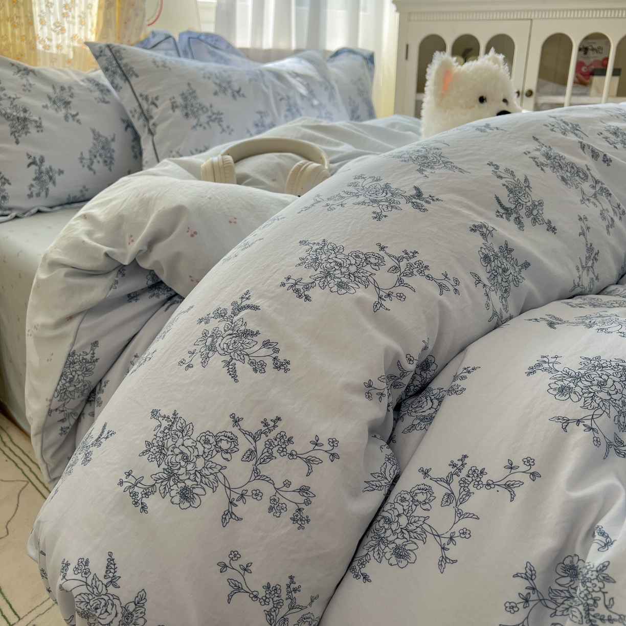 91家纺网 家纺一手货源 找家纺 亨通家纺 2025新款爆款韩国小布袋古法水洗棉云感棉四件套【提供买家秀】 香缇卡-蓝