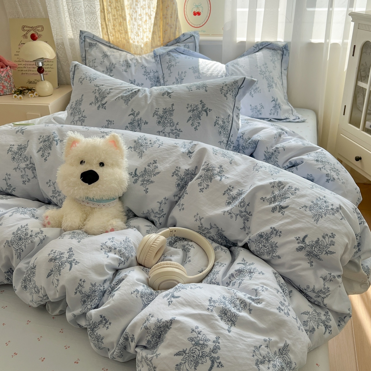 91家纺网 家纺一手货源 找家纺 亨通家纺 2025新款爆款韩国小布袋古法水洗棉云感棉四件套【提供买家秀】 香缇卡-蓝