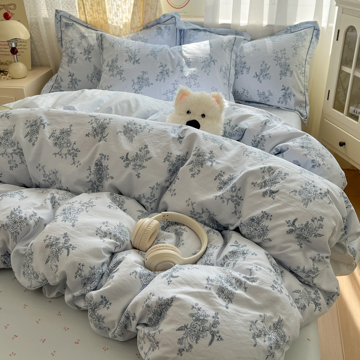 91家纺网 家纺一手货源 找家纺 亨通家纺 2025新款爆款韩国小布袋古法水洗棉云感棉四件套【提供买家秀】 香缇卡-蓝