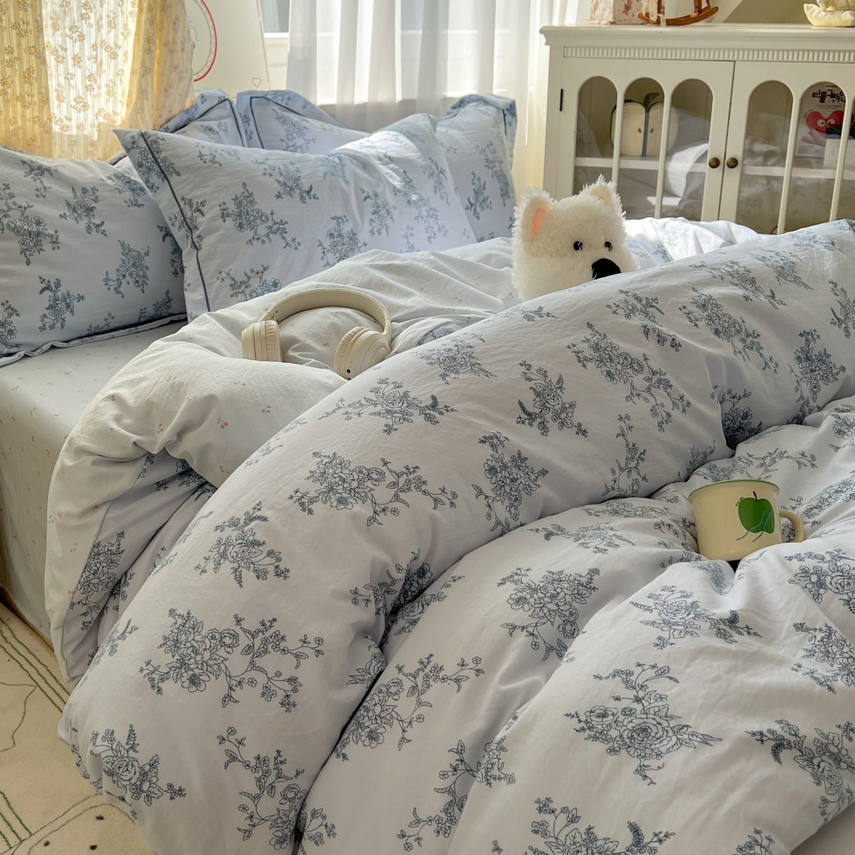 91家纺网 家纺一手货源 找家纺 亨通家纺 2025新款爆款韩国小布袋古法水洗棉云感棉四件套【提供买家秀】 香缇卡-蓝