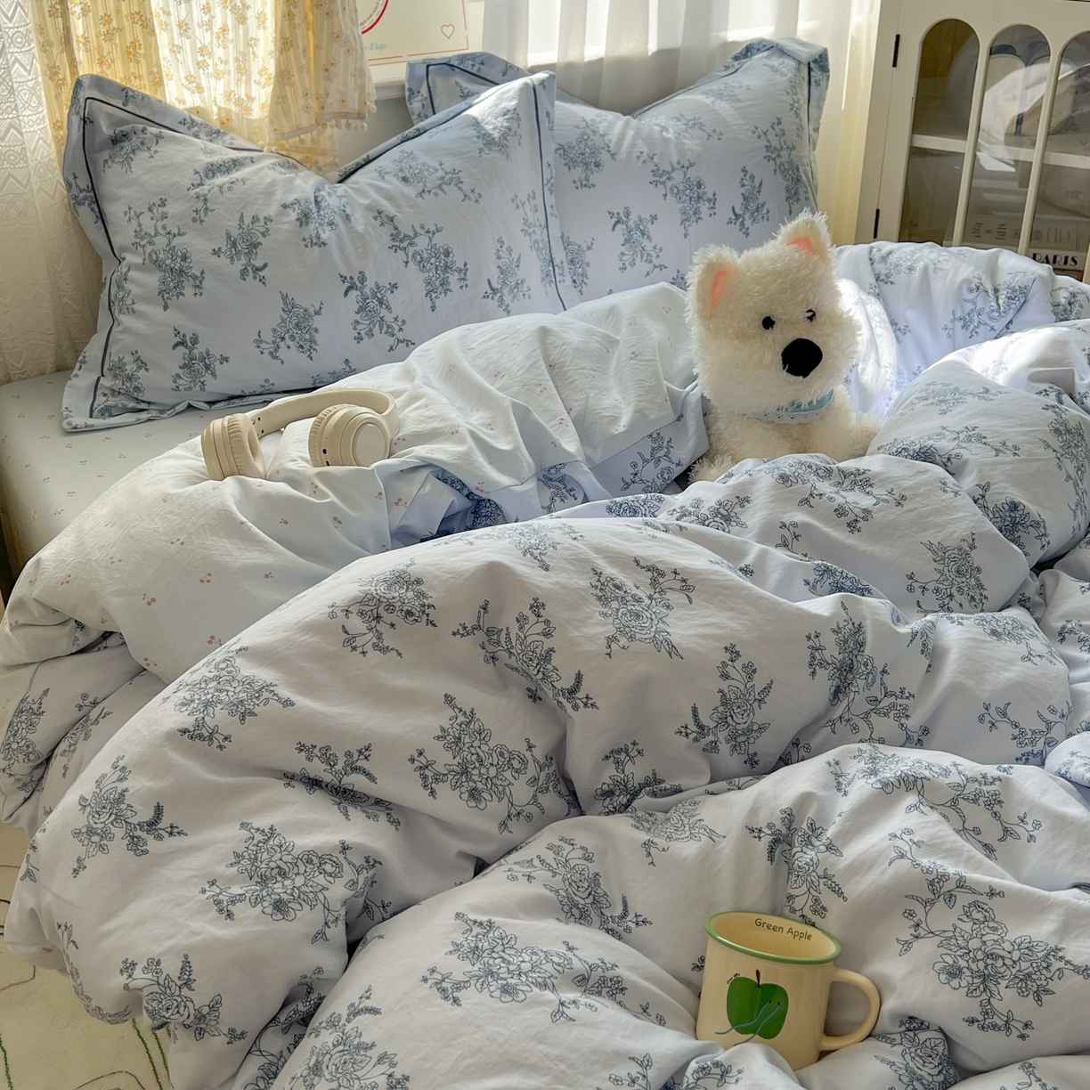 91家纺网 家纺一手货源 找家纺 亨通家纺 2025新款爆款韩国小布袋古法水洗棉云感棉四件套【提供买家秀】 香缇卡-蓝