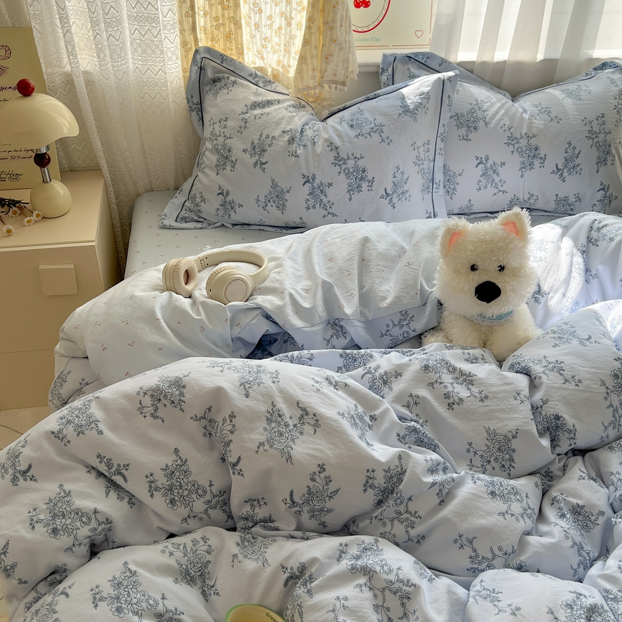 91家纺网 家纺一手货源 找家纺 亨通家纺 2025新款爆款韩国小布袋古法水洗棉云感棉四件套【提供买家秀】 香缇卡-蓝